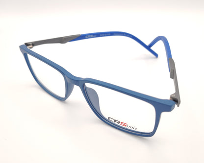 gafas graduadas rectangulares azul translúcido mate con varillas grises estilo deportivo