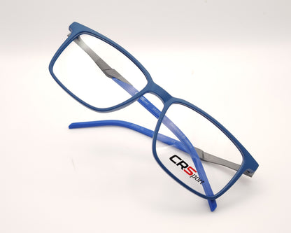 gafas graduadas rectangulares azul translúcido mate con varillas grises estilo deportivo