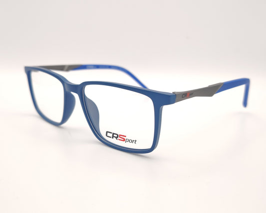 gafas graduadas rectangulares azul translúcido mate con varillas grises estilo deportivo