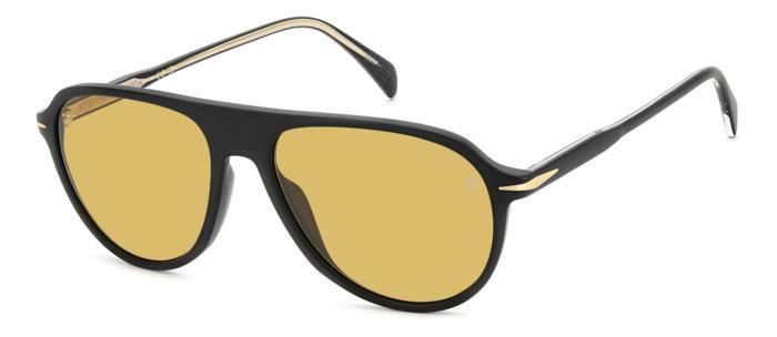 gafas de sol negras de estilo aviador con lentes ámbar y varillas metálicas finas