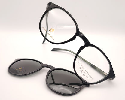 gafas graduadas de montura redondeada oscura con clip solar polarizado desmontable