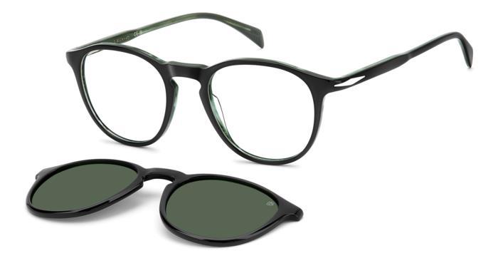 gafas graduadas de montura redondeada oscura con clip solar polarizado desmontable