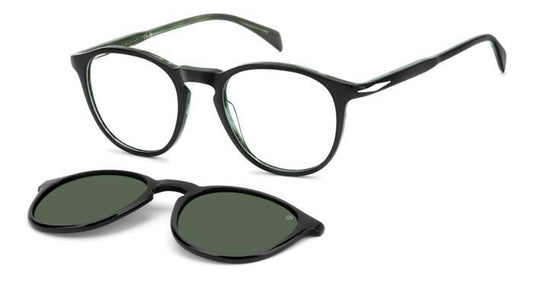 gafas graduadas de montura redondeada oscura con clip solar polarizado desmontable