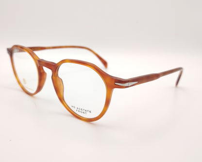 gafas graduadas redondas de acetato color miel con detalle metálico en las varillas