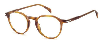 gafas graduadas redondas de acetato color miel con detalle metálico en las varillas