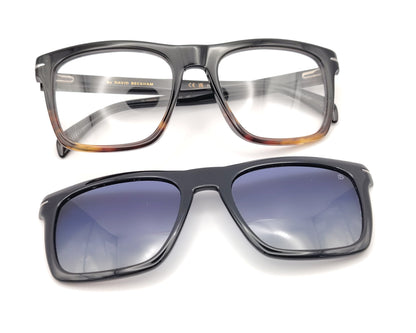 gafas de vista david beckham db7000cs 37n99 con clip solar magnético,  montura de acetato en tono degradado de negro a habana, con un diseño elegante el clip solar se fija de manera segura con imanes ocultos permitiendo pasar de gafas graduadas a gafas de sol en un instante 