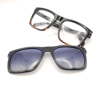 gafas de vista david beckham db7000cs 37n99 con clip solar magnético,  montura de acetato en tono degradado de negro a habana, con un diseño elegante el clip solar se fija de manera segura con imanes ocultos permitiendo pasar de gafas graduadas a gafas de sol en un instante 