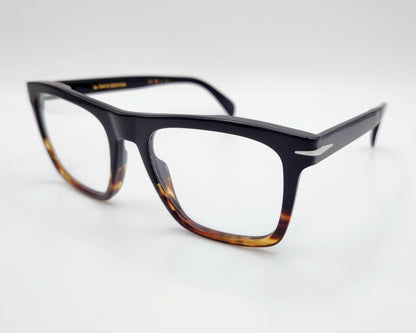 gafas de vista david beckham db7000cs 37n99 con clip solar magnético,  montura de acetato en tono degradado de negro a habana, con un diseño elegante el clip solar se fija de manera segura con imanes ocultos permitiendo pasar de gafas graduadas a gafas de sol en un instante 