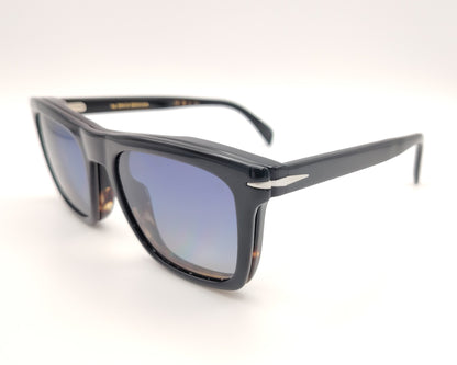 gafas de vista david beckham db7000cs 37n99 con clip solar magnético,  montura de acetato en tono degradado de negro a habana, con un diseño elegante el clip solar se fija de manera segura con imanes ocultos permitiendo pasar de gafas graduadas a gafas de sol en un instante 