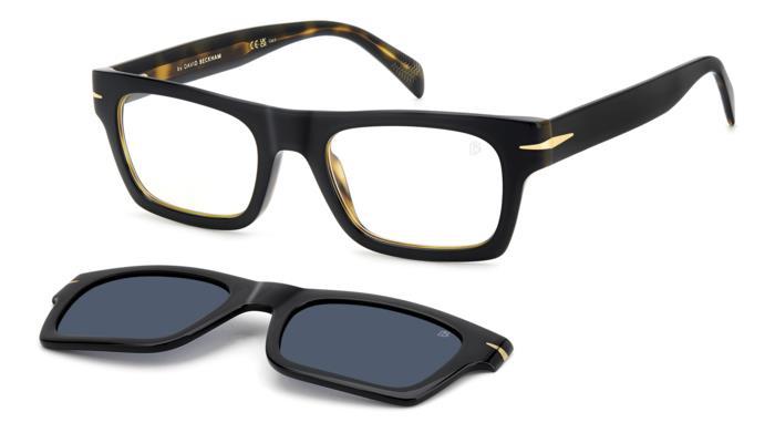 gafas rectangulares negras con clip solar magnético, lentes oscuras polarizadas y detalle interior carey