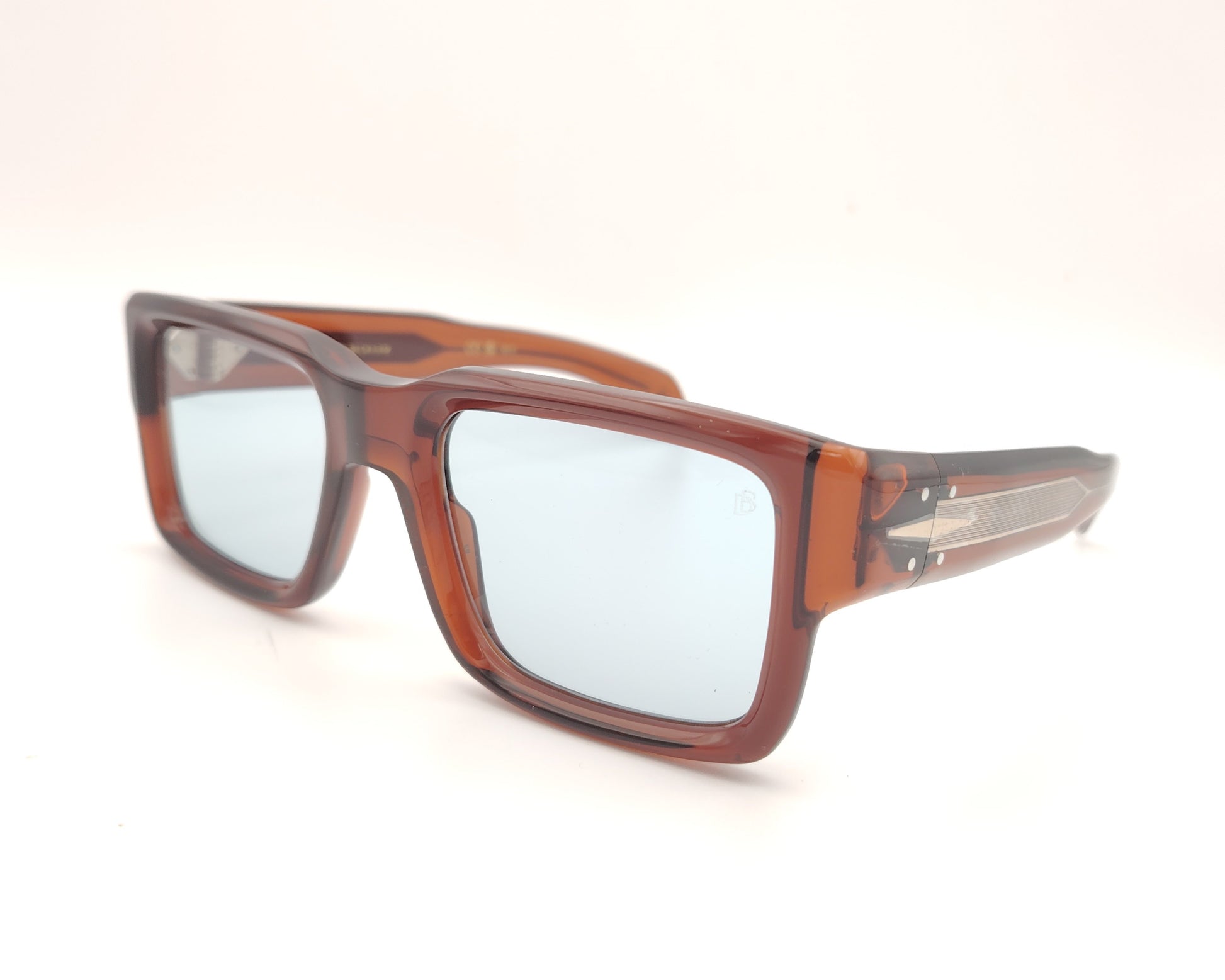 gafas de sol rectangulares de acetato marrón translúcido con lentes azules fotocromáticas