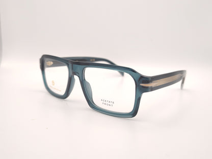 gafas graduadas rectangulares de acetato azul petróleo translúcido con detalle metálico en las varillas