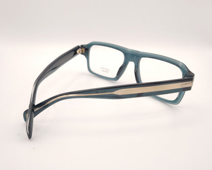 gafas graduadas rectangulares de acetato azul petróleo translúcido con detalle metálico en las varillas