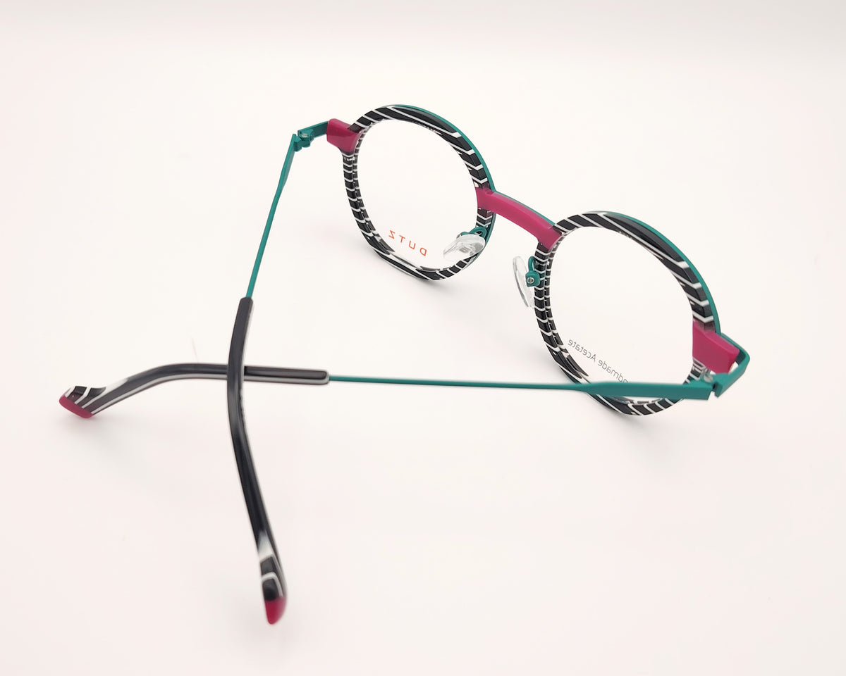 gafa dutz dz2402 46 redonda verde con estampado blanco y negro y detalles en fucsia