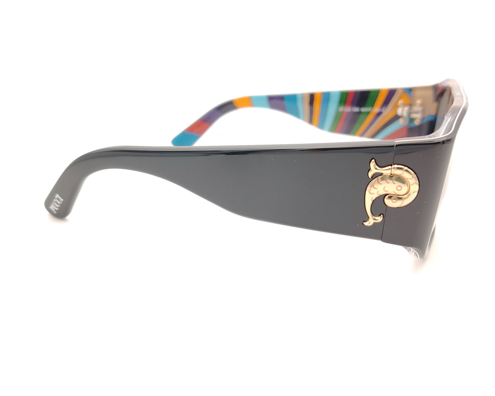 gafas de sol emilio pucci negras con  estampado multicolor en el interior y detalle dorado en las varillas