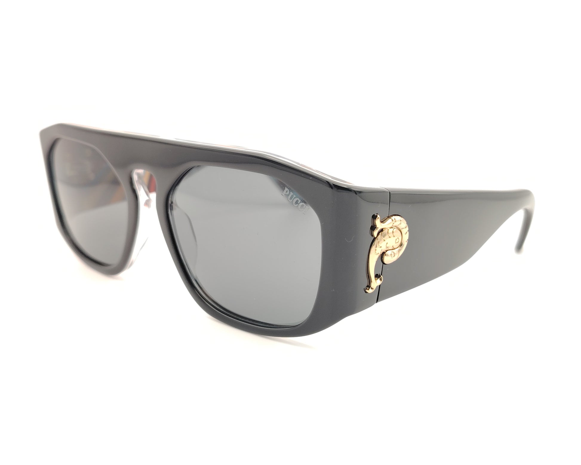 gafas de sol emilio pucci negras con  estampado multicolor en el interior y detalle dorado en las varillas