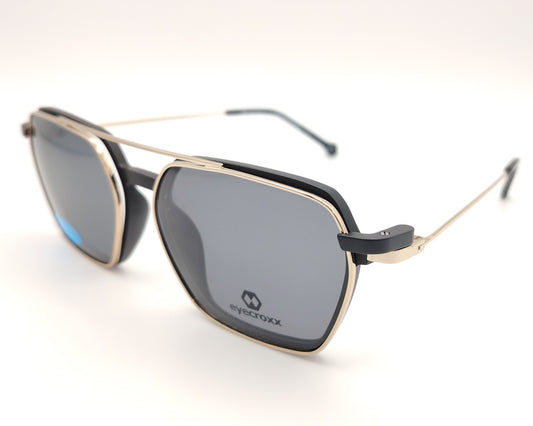 gafas eyecroxx ec606ud c1 montura geométrica extra ligera negra con detalles dorados y clip solar magnético polarizado