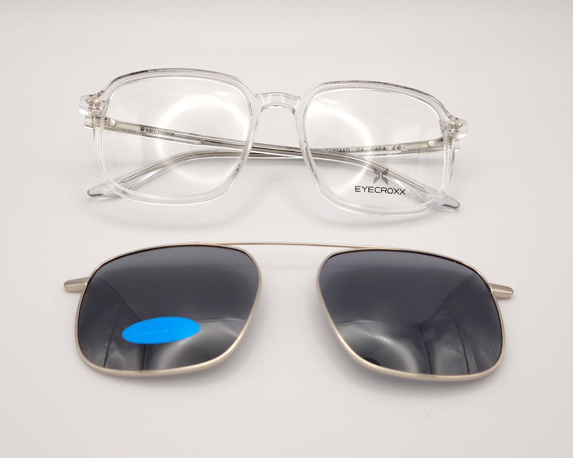gafas eyecroxx ec634ad c2 montura geométrica transparente con clip solar magnético metálico polarizado 