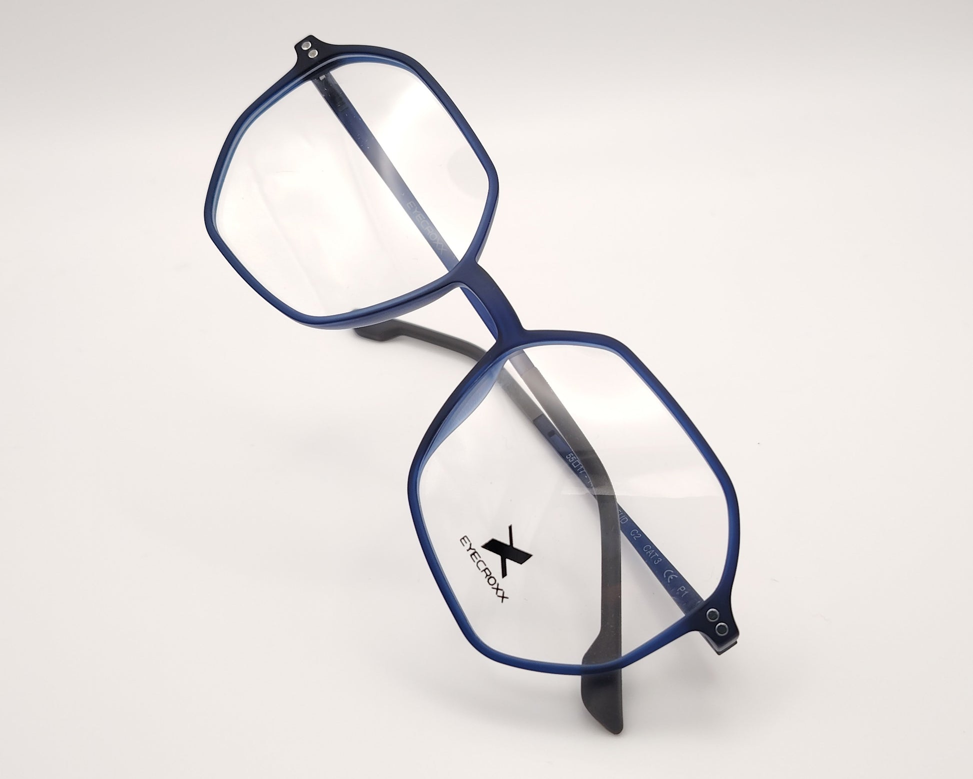 gafas eyecroxx ec645ud c2 montura geométrica azul mate con clip solar magnético polarizado