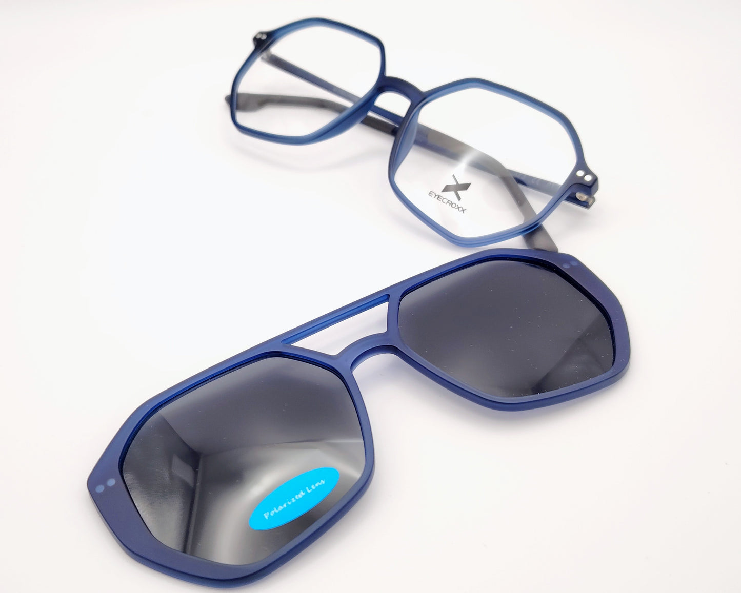 gafas eyecroxx ec645ud c2 montura geométrica azul mate con clip solar magnético polarizado