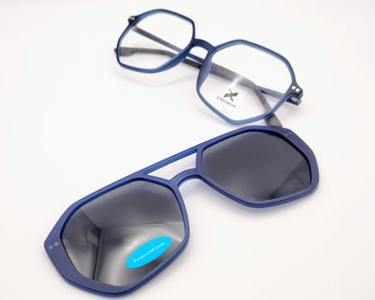 gafas eyecroxx ec645ud c2 montura geométrica azul mate con clip solar magnético polarizado