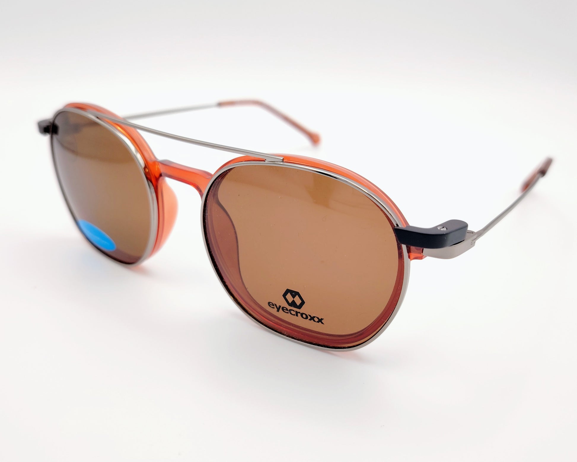 gafas eyecroxx ec609 c3 montura geométrica redondeada  color naranja suave con clip solar magnético metálico polarizado