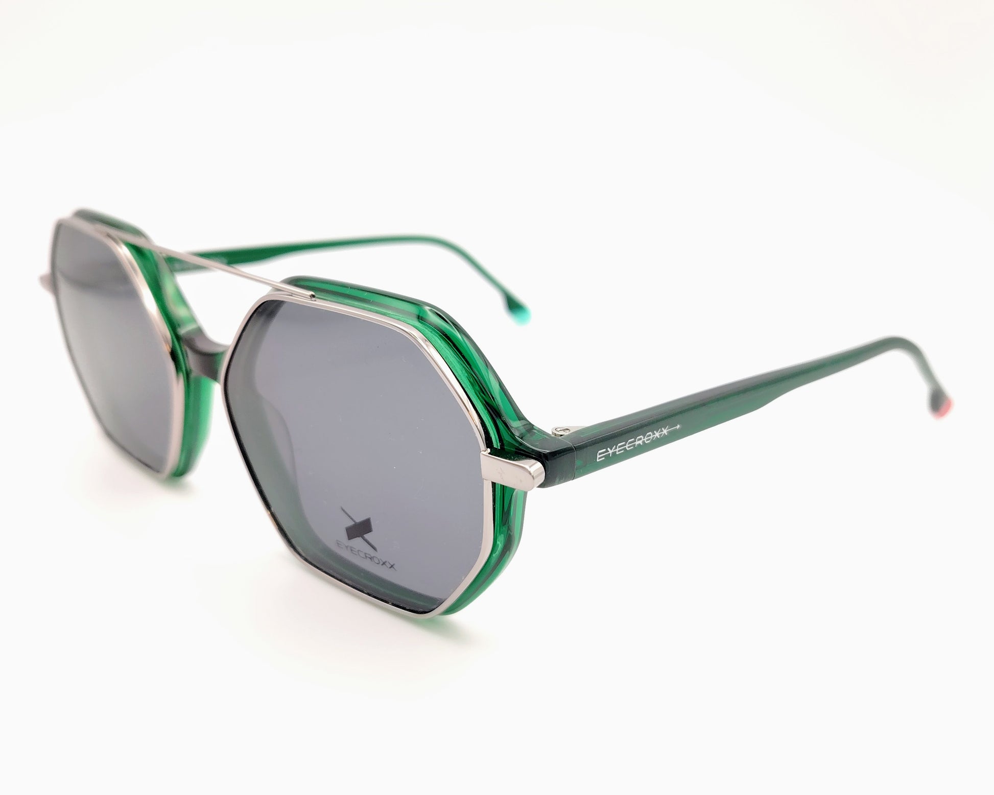 gafas eyecroxx ec649 c3 montura geométrica hexagonal verde con clip solar magnético metálico polarizado 