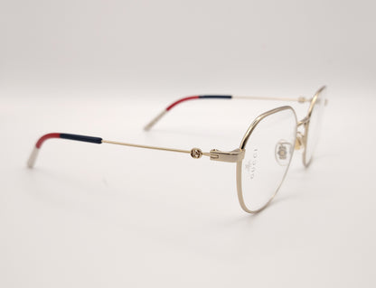 gafas gucci metálicas doradas con forma redonda y varillas en rojo azul y beige