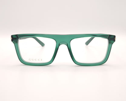 gafas graduadas gucci verdes con montura cuadrada y detalle dorado en la varilla