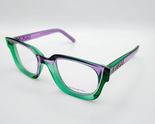 gucci gg1721o 003 gafas de pasta formato cuadrado con los bordes redondeados en tono verde y violeta traslúcido con logo gucci en las varillas