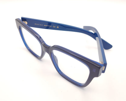 gafas cuadradas de pasta gucci en azul con logo en las varillas