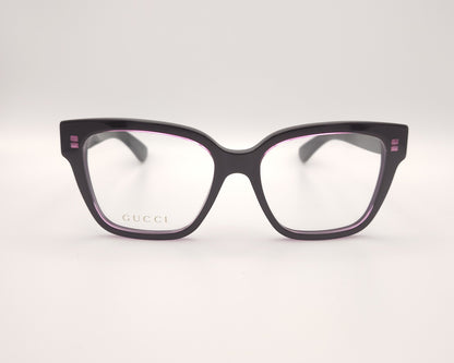 gafas cuadradas gucci en negro y berenjena traslúcido con logo en las varillas