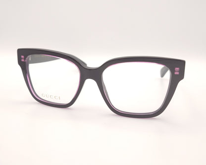 gafas cuadradas gucci en negro y berenjena traslúcido con logo en las varillas