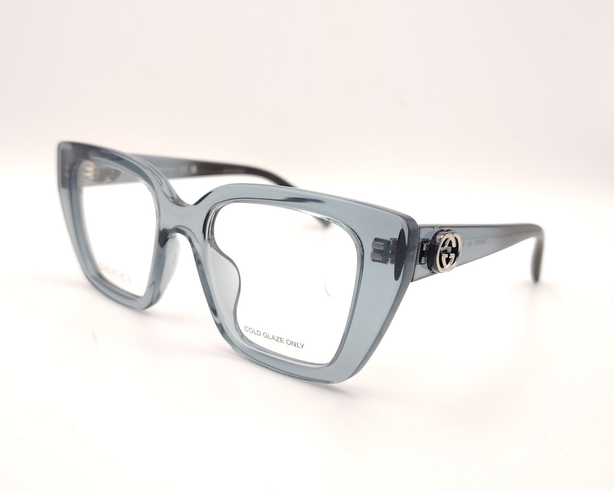 gafas gucci graduadas de acetato translúcido azul grisáceo con montura geométrica y doble g metálica