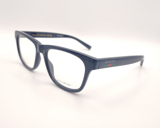 gafas gucci rectangulares azul marino con logo y detalle tricolor en varilla