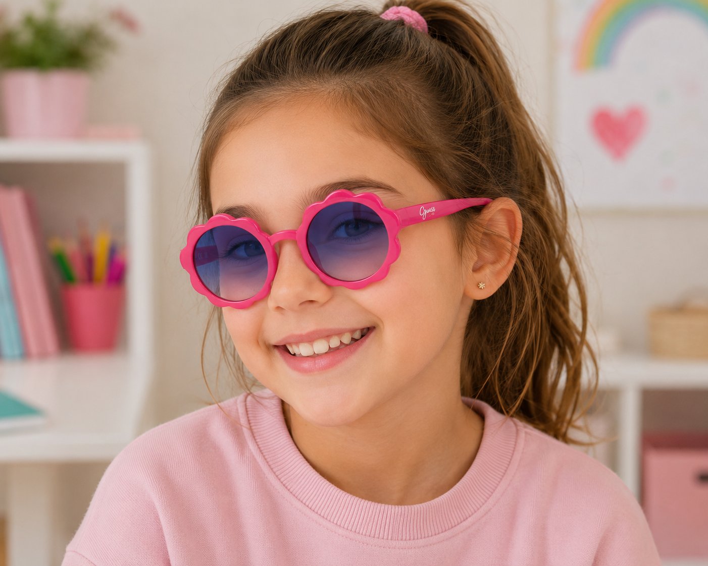 gafas de sol de niña guess en color rosa fucsia con cristales degradados en gris azulado