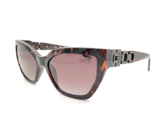 gafas guess carey oscuro con lentes rosas degradadas y detalle geometrico en la varilla