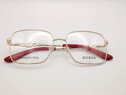 gafas graduadas guess de acero inoxidable doradas con forma cuadrada y terminales rojos