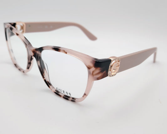 guess gu50120 055 gafas de acetato en formato cat eyes  en color moteado marrón y crema con logo dorado en las varillas