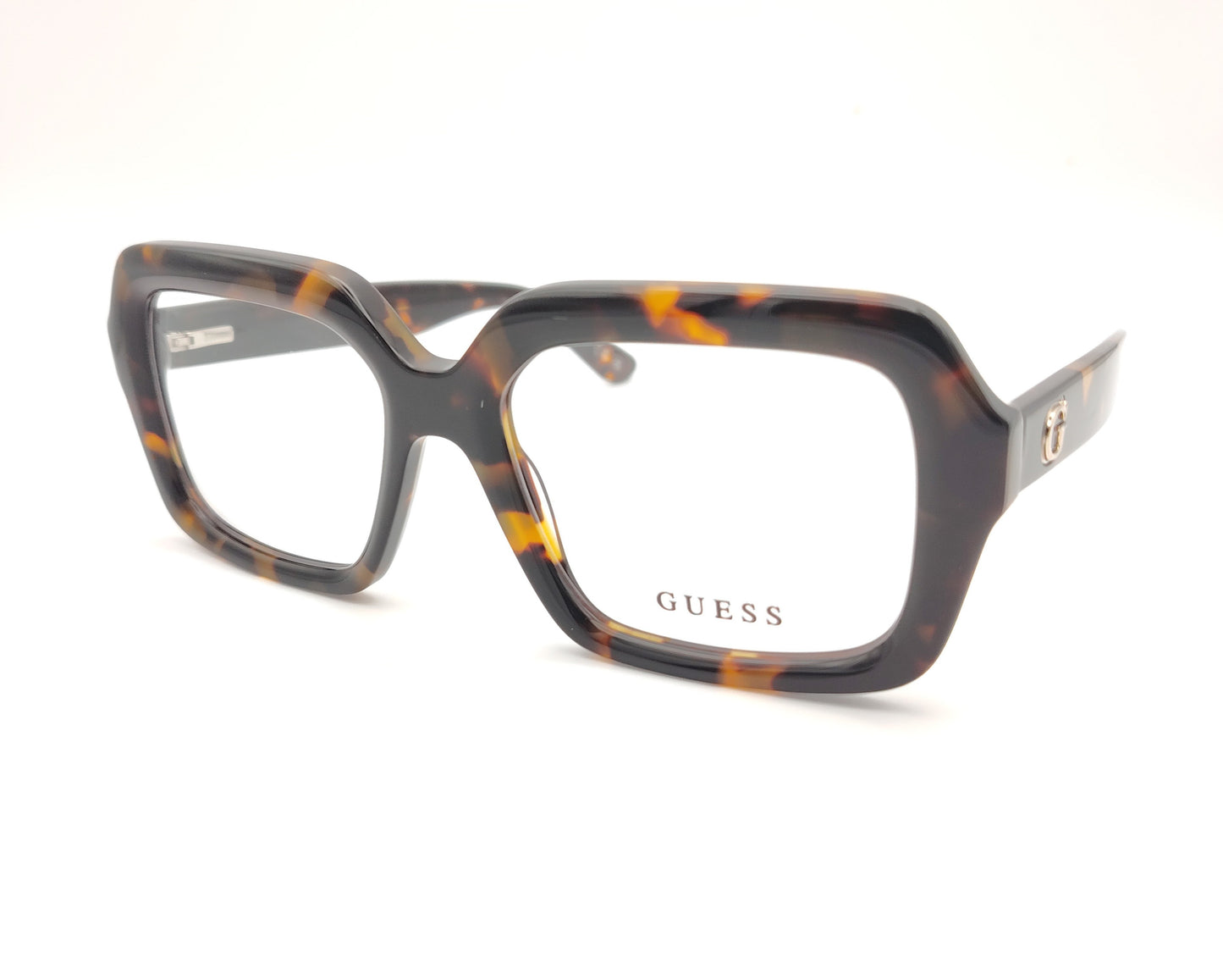 gafas guess cuadradas con montura de pasta carey y detalle metálico en la varilla