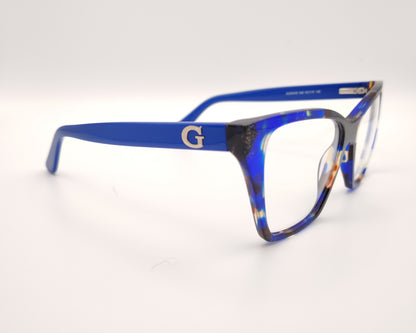 gafas guess cat-eye multicolor con montura brillante en tonos azules y detalles en carey y dorado