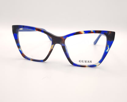 gafas guess cat-eye multicolor con montura brillante en tonos azules y detalles en carey y dorado