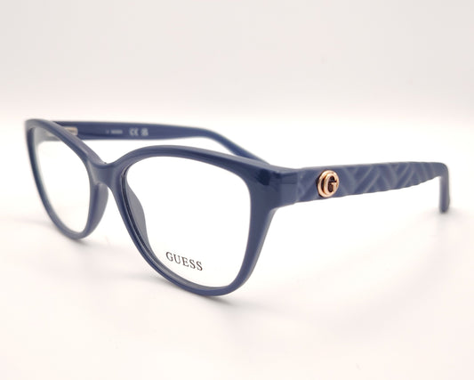 gafas guess azul marino con forma cat eye y varillas texturizadas con detalle metálico dorado