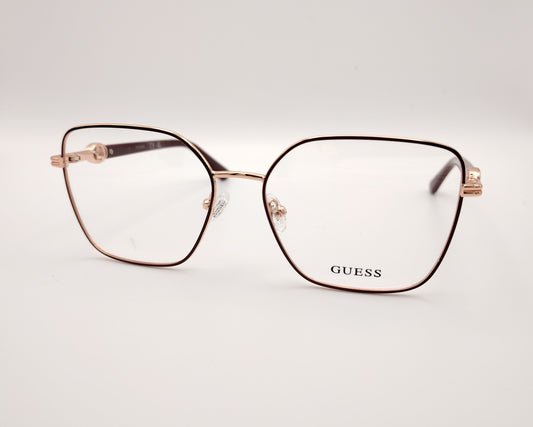 gafas graduadas guess con montura cuadrada oro rosado y patillas burdeos con detalle metálico