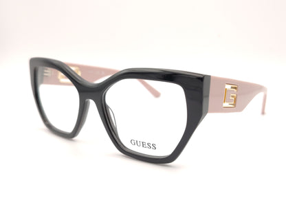 gafas guess negras con patillas rosa empolvado y logo dorado en relieve