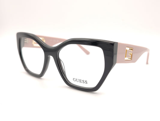 gafas guess negras con patillas rosa empolvado y logo dorado en relieve