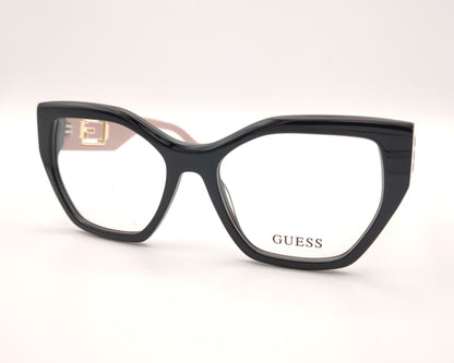 gafas guess negras con patillas rosa empolvado y logo dorado en relieve