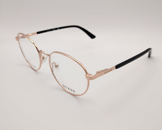 gafas guess gu8274 005, montura metálica en color oro rosa, diseño ovalado con varillas negras y plaquetas ajustables, estilo elegante y moderno