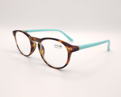 gafas premontadas de lectura de estilo redondo con montura frontal en carey y varillas en color turquesa