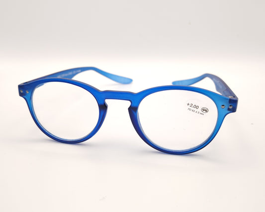 gafas premontadas de presbicia color azul con varillas largas curvas tipo koala para  poder dejarlas colgadas del cuello 